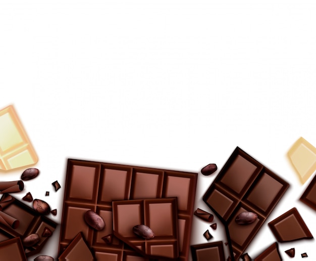 Chocolate realistic background with frame of images with choc bars and blank background with empty space