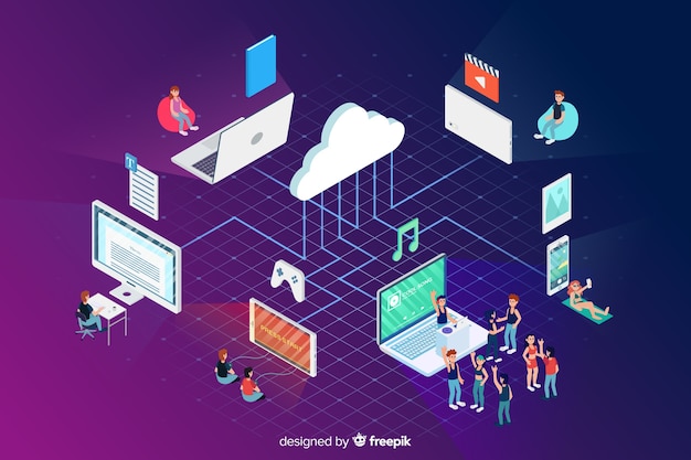 Cloud and technology elements in isometric style