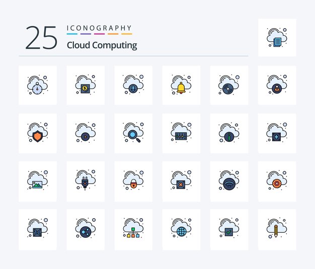 Cloud Computing 25 Line Filled icon pack including compact disk download alarm bell