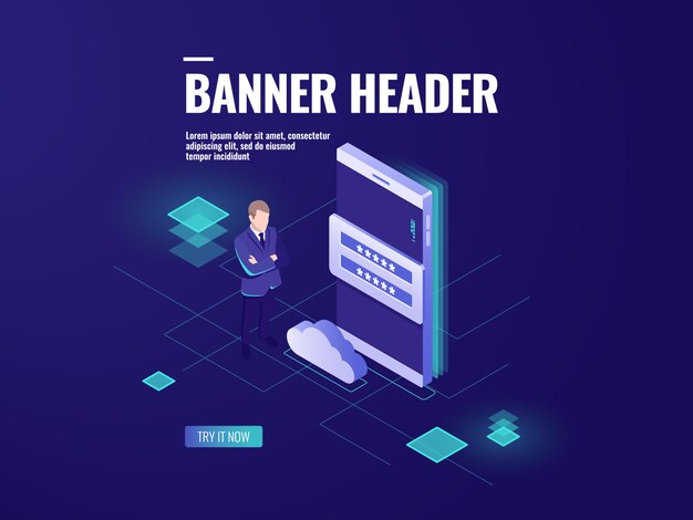 Cloud data storage isometric icon, personal data security, account password