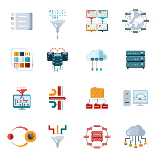 Colored Flat Filtering Data Icons Set Isolated on White Background.