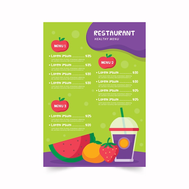 Colorful healthy food restaurant menu template illustrated