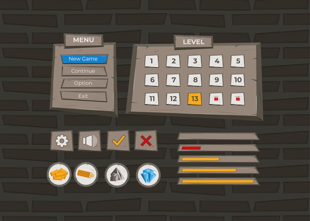 Complete set of level button game pop-up, icon, window and elements for creating medieval RPG video games