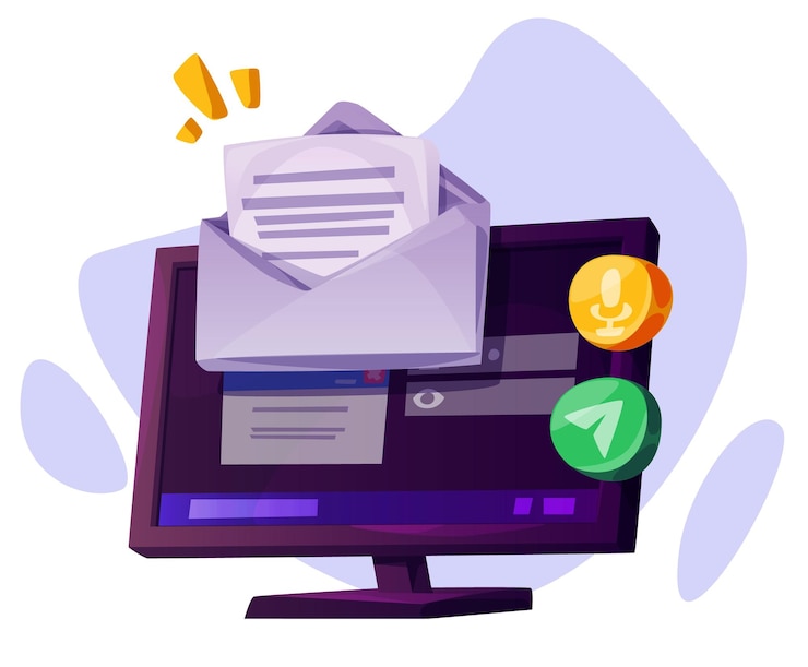 Miễn phí Vector computer with mail element icon cartoon vector isolated laptop with envelope and letter graphic object new chat message on desktop device monitor digital notification alert for inbox on website