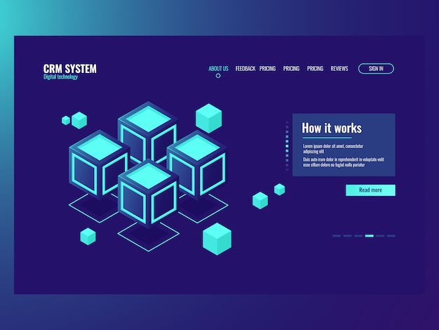 concept of abstract data memory blocks, server room, hosting website page