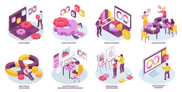 Công việc của bộ bố cục isometric kỹ sư devops với các hoạt động của mọi người máy tính biểu tượng vô cực được phân lập trên nền trắng minh họa vector 3d