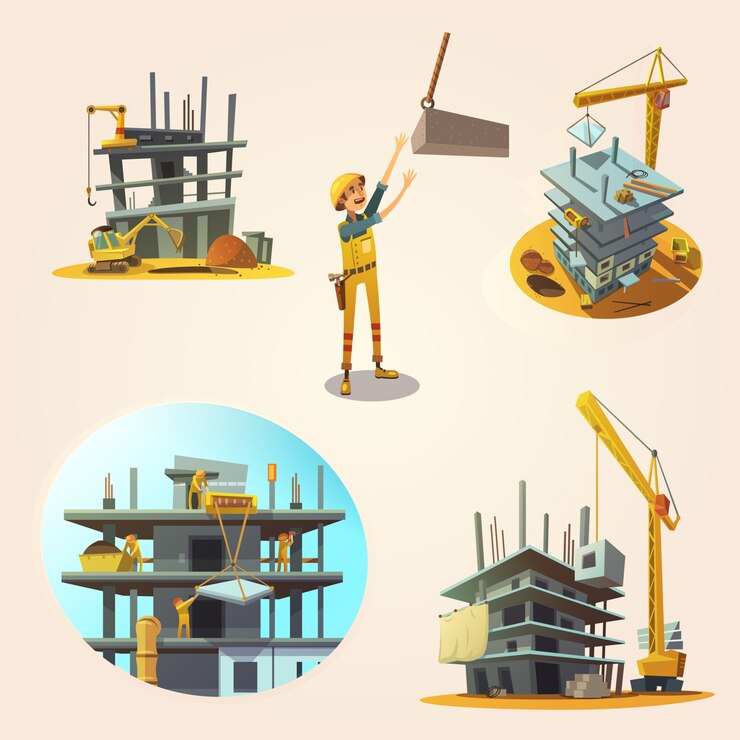 Miễn phí Vector construction concept set with building process retro cartoon icons 