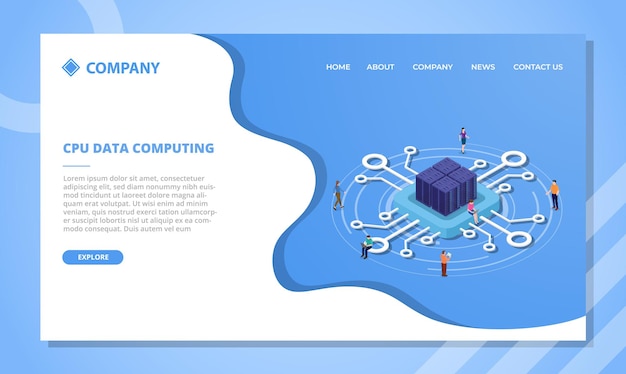 Cpu data computing or processing concept for website template or landing homepage with isometric style vector