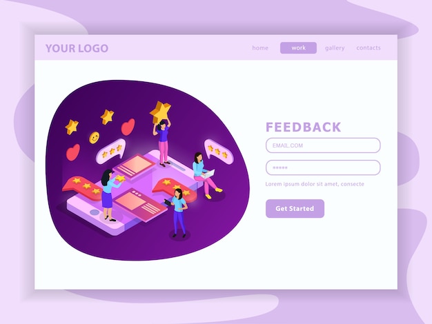 CRM system feed back isometric landing web page with user account and interface elements