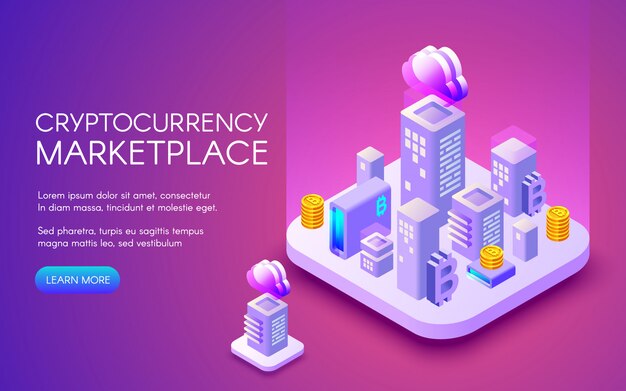 Cryptocurrency marketplace illustration of bitcoin mining farm in smart city 