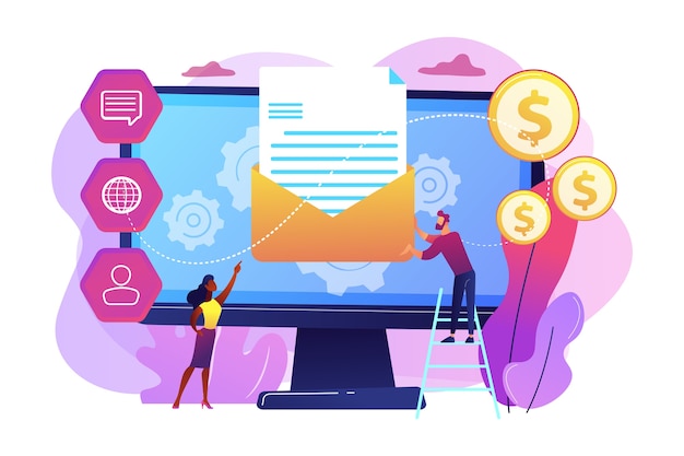 Customer receiving automated marketing message, tiny people. Marketing automation system, automated advertise message, marketing dashboard concept.
