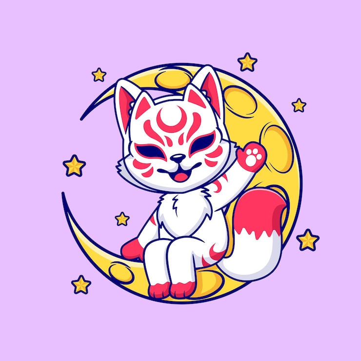 Miễn phí Vector cute fox kitsune sitting on moon cartoon vector icon illustration animal holiday icon isolated flat