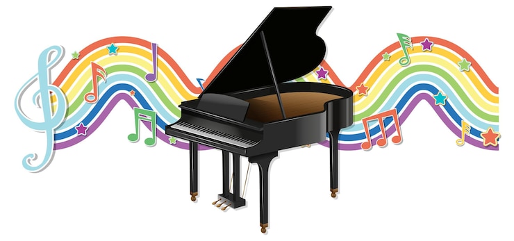 Miễn phí Vector đàn piano với các ký hiệu giai điệu trên làn sóng cầu vồng