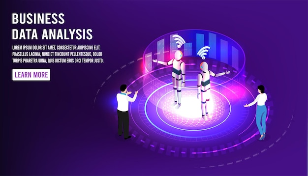 Data analysis technology concept. isometric vector illustration. Businessman working with big database on data center system for diagrams of sales management statistics and operational reports