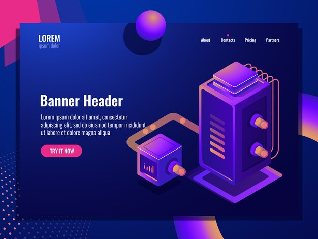 data filter isometric icon, web hosting, server room, datacenter cloud storage, database and big data