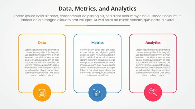 data metrics and analytics infographic concept for slide presentation with big box outline with circle on bottom with 3 point list with flat style
