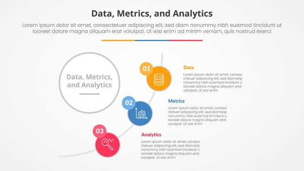 Data metrics and analytics infographic concept for slide presentation with big circle and half circle line connection with 3 point list with flat style