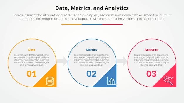 Data metrics and analytics infographic concept for slide presentation with big circle outline and arrow triangle badge with 3 point list with flat style