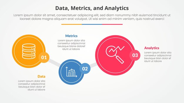 Data metrics and analytics infographic concept for slide presentation with creative round circle horizontal with 3 point list with flat style