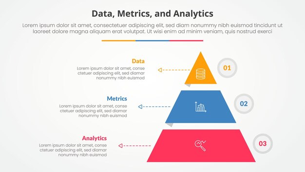 Data metrics and analytics infographic concept for slide presentation with pyramid shape slice stack and outline circle with 3 point list with flat style