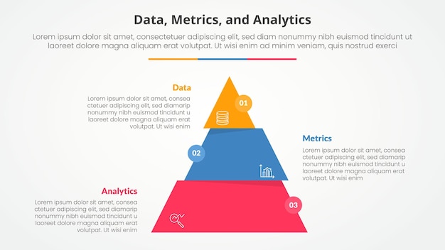 Data metrics and analytics infographic concept for slide presentation with pyramid slice divide move wobble with 3 point list with flat style