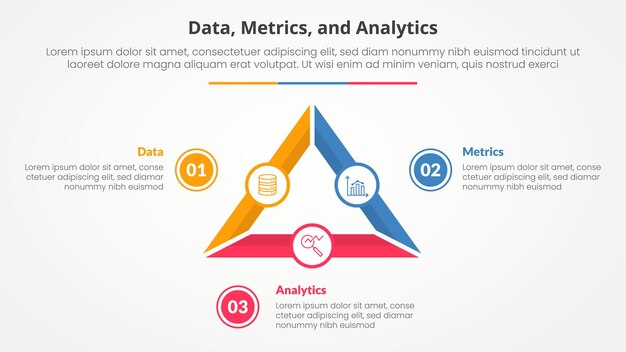 data metrics and analytics infographic concept for slide presentation with triangle cycle circular outline circle piechart with 3 point list with flat style