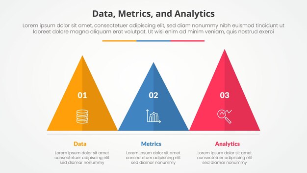 Data metrics and analytics infographic concept for slide presentation with triangle pyramid shape horizontal with 3 point list with flat style