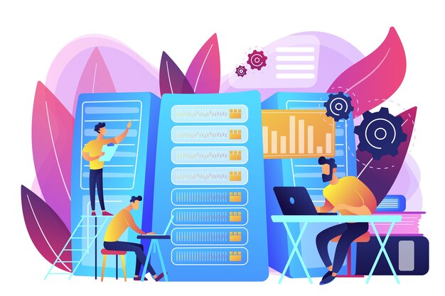 data scientist, data analytics manager, database developer and administrator working. big data job, database developers, careers in big data concept. bright vibrant violet  isolated illustration