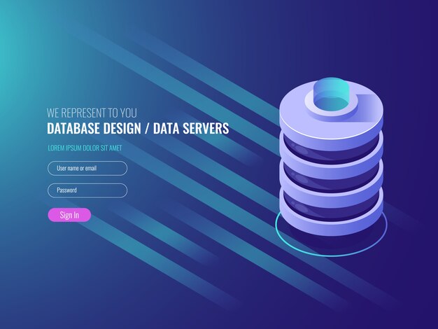 database design, icon of conceptual server room rack, data center