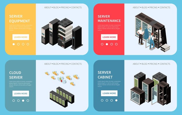 datacenter isometric colored banner set landing pages