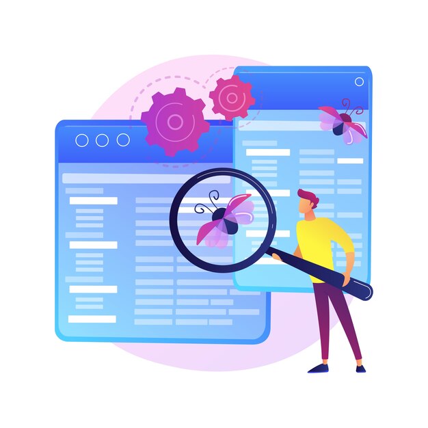 debugging firewall. antivirus scanning. malware fixing. virus attack, trojan search, bugs detection. system protection. threat diagnostic. crash tester.  isolated concept metaphor illustration.