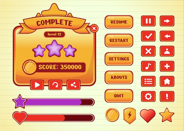 Design for Complete set of score button game pop-up, icon, window and elements for creating medieval RPG video games
