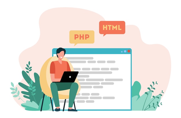 developer writing code for website. laptop, computer, designer flat vector illustration. coding and programming