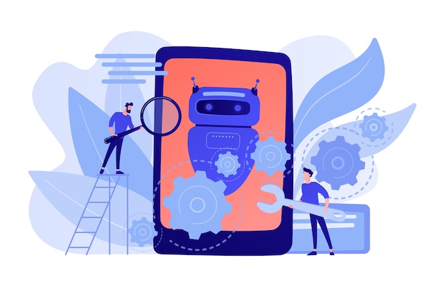 Developers with wrench work on chatbot application development. Chatbot app development, bot development framework, chatbot programming concept