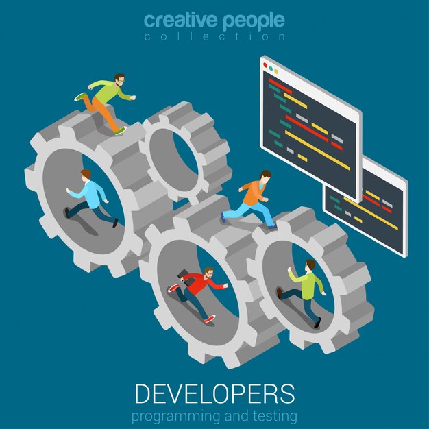 Development  teamwork concept Developers programmer coder team inside gear cogwheel flat isometric  .