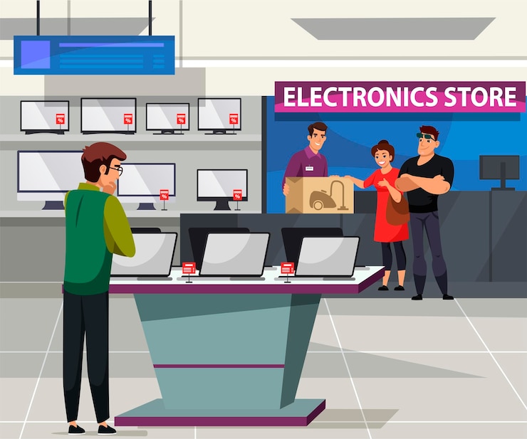 Miễn phí Vector electronic store interior couple buys household appliance assistant checkout and packaging man in shop department shelves gadgets assortment discount retail sales tech product