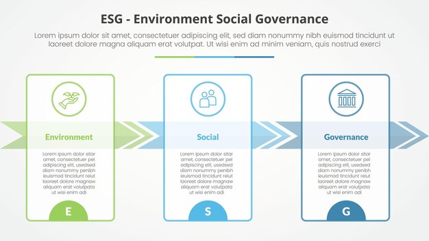 ESG frameworks infographic concept for slide presentation with big outline table and arrow right direction with 3 point list with flat style