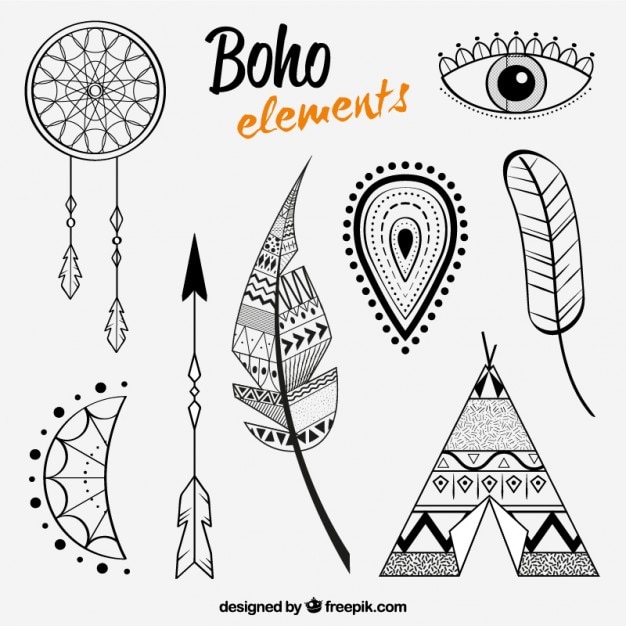 Feather and others elements in boho style