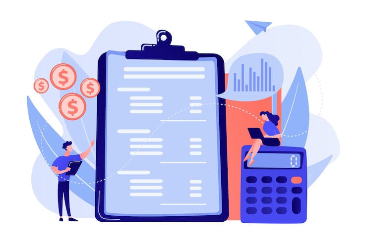 Miễn phí Vector financial analysts doing income statement with calculator and laptop. income statement, company financial statement, balance sheet concept illustration