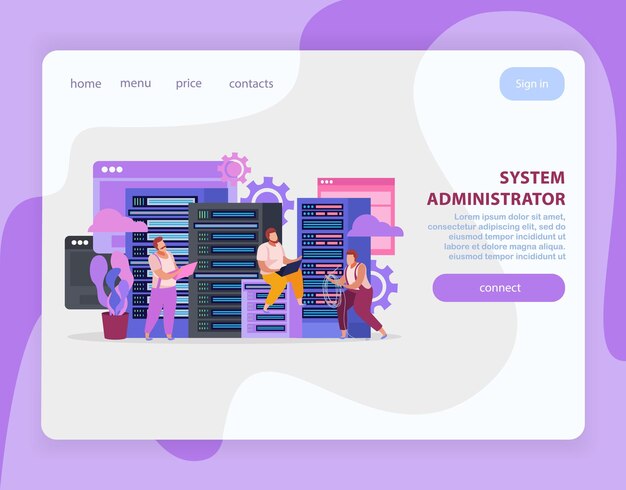 Flat landing page with system administrators working on laptops