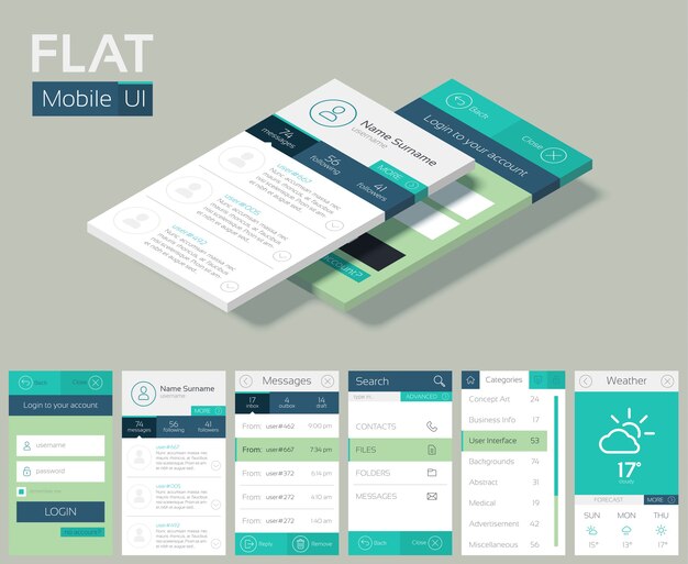Flat UI design concept with different screens web buttons and elements for mobile application