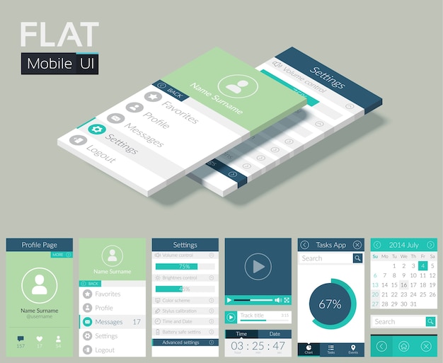 Flat UI template with screens icons web buttons and elements for mobile design