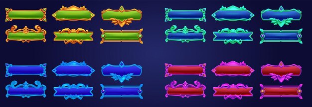 Game button gold frame ui cartoon fantasy design Fantasy banner element for rpg menu interface in pink red and blue color texture Title bar panel icon with ancient ornate border shape collection