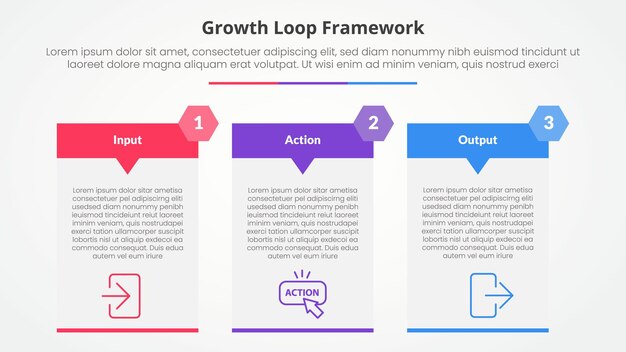 Growth loop framework infographic concept for slide presentation with big table arrow header badge with 3 point list with flat style