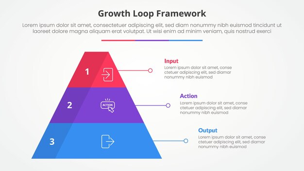 growth loop framework infographic concept for slide presentation with pyramid shape with 3d shadow badge with 3 point list with flat style