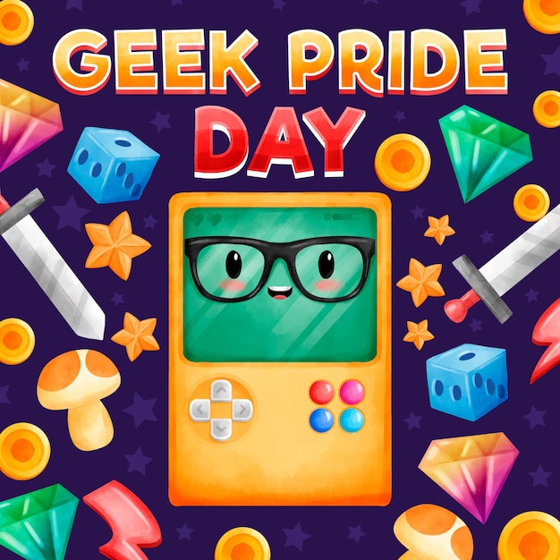 Hand painted watercolor geek pride day illustration