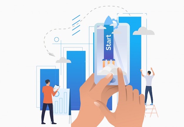 hands holding smartphone, bar chart and rocket launch