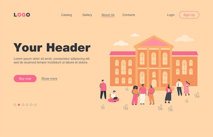 Miễn phí Vector happy mix-raced students walking in front of university building flat  landing page.. cartoon people relaxing at campus yard. landscape and exterior concept