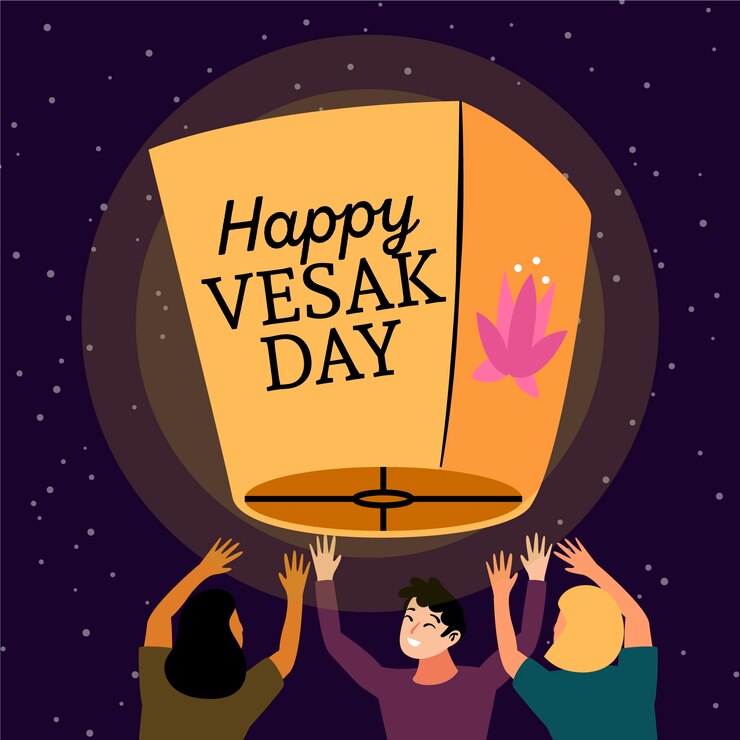 Miễn phí Vector happy vesak day with people and lantern