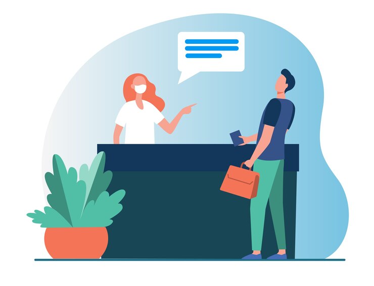 Miễn phí Vector hospital receptionist pointing at man without mask. nurse, patient, quarantine flat vector illustration. medicine and pandemic
